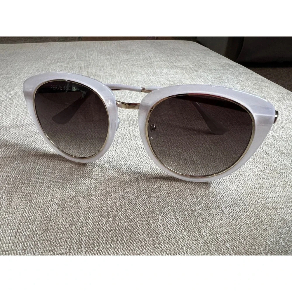 Perverse Sunglasses Lavender Lilac Oversized Round Gold Trim Dark Tint Lenses